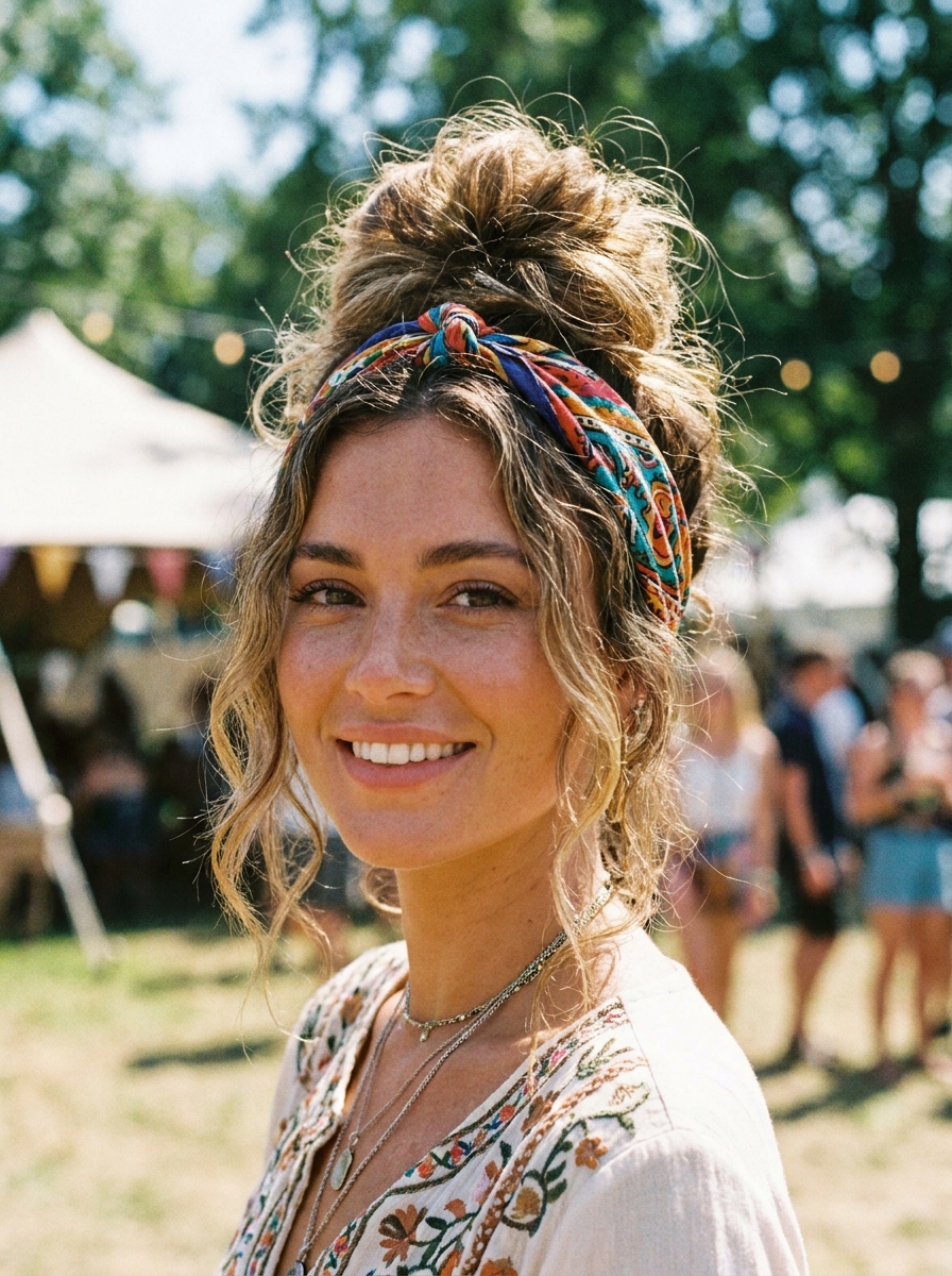 Messy High Bun mit Bandana als Festival Frisuren Inspiration 2026